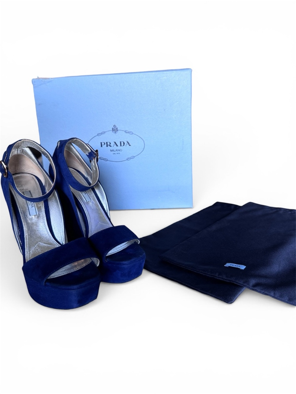 Prada Navy Blue Suede Platform Ankle-Strap Heels - Picture 3 of 7